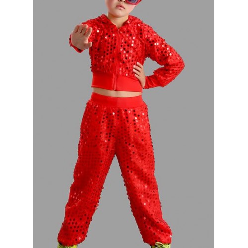 Red  blue yellow Boy Jazz Dance For Girls Jazz Dance Costumes for Girl Kids Hip Hop Set Long Sleeve Performance Sequins Jazz Costumes For Boys